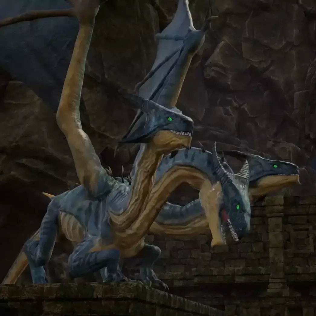 A fierce three-headed dragon roars at a figure holding a book, under a moonlit sky in a ruined ancient setting.