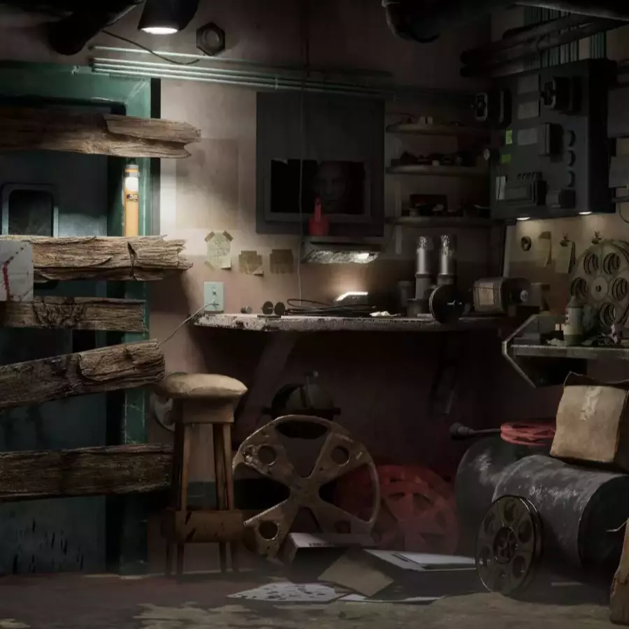 A dimly lit basement cluttered with film reels, supplies, and tools, featuring a barricaded door and worn-out furniture.