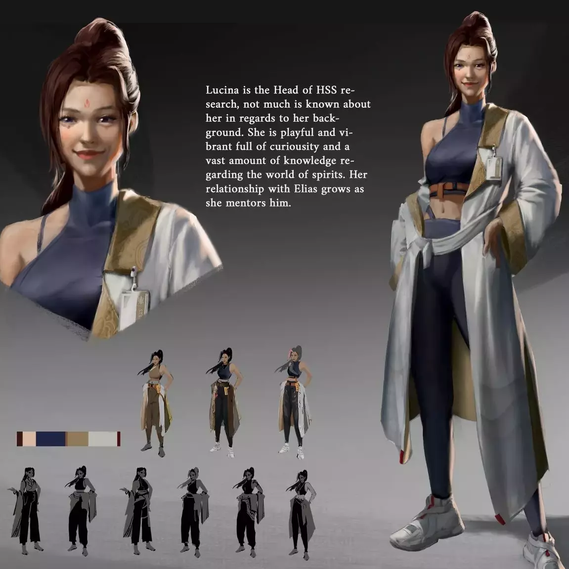Character design of Lucina, showcasing her playful spirit and vast knowledge, dressed in a lab coat and athletic wear.