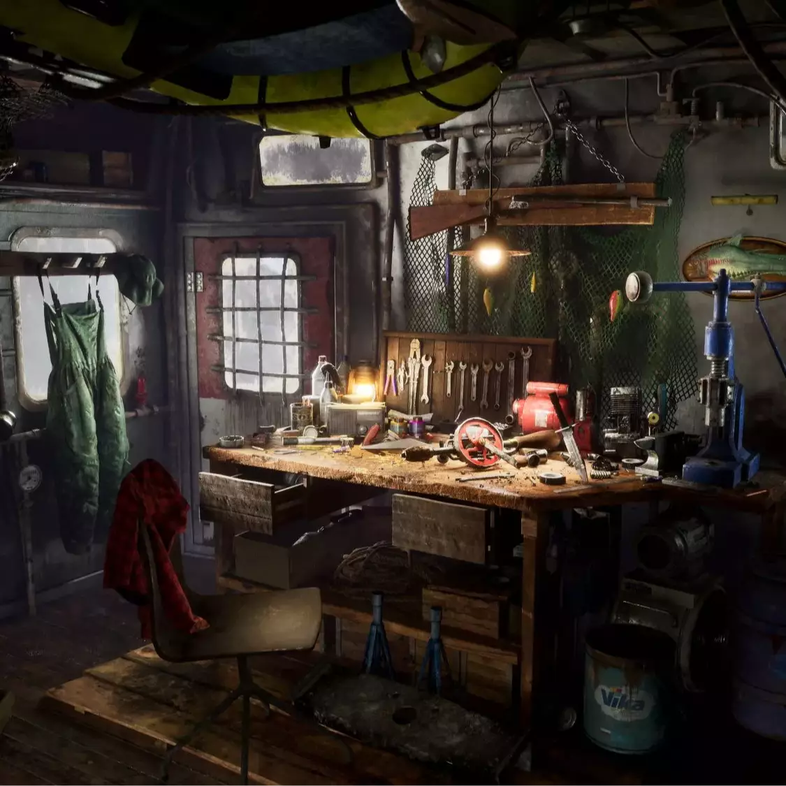A cluttered workshop with tools, fishing gear, a wooden table, and a chair, illuminated by a hanging light above.