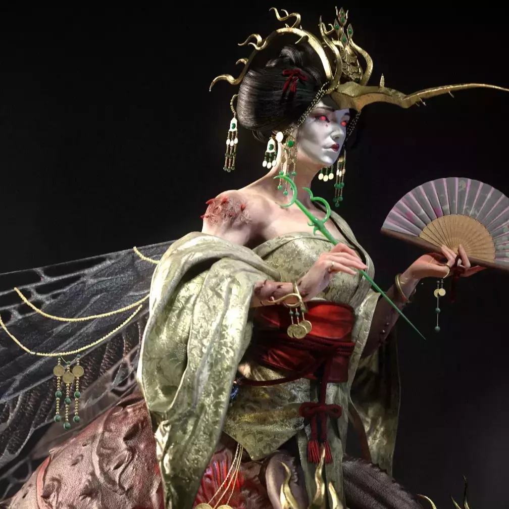 A figure adorned in robes and accessories, holding a fan, with a dark, ethereal background enhancing the dramatic effect.