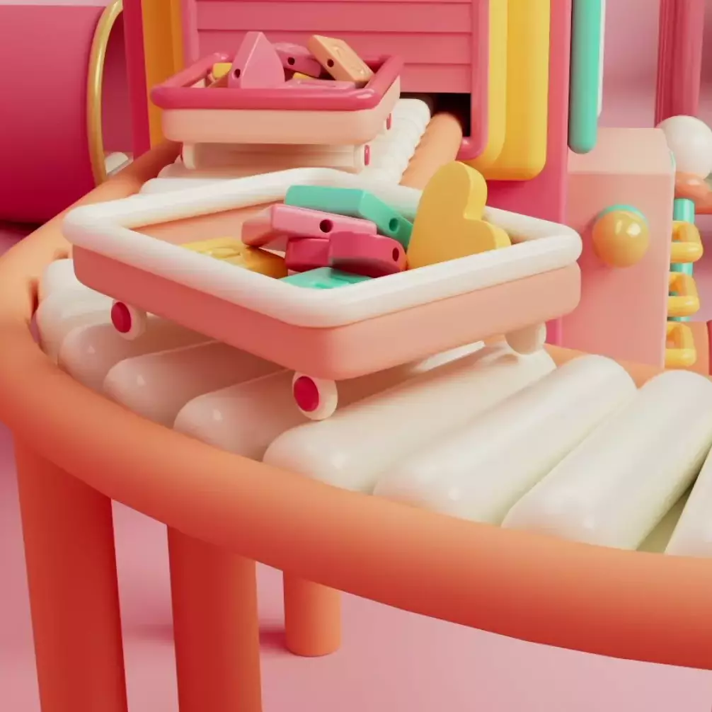 A colorful, whimsical conveyor belt carrying toy shapes in pastel trays, set within a playful, pink-hued environment.