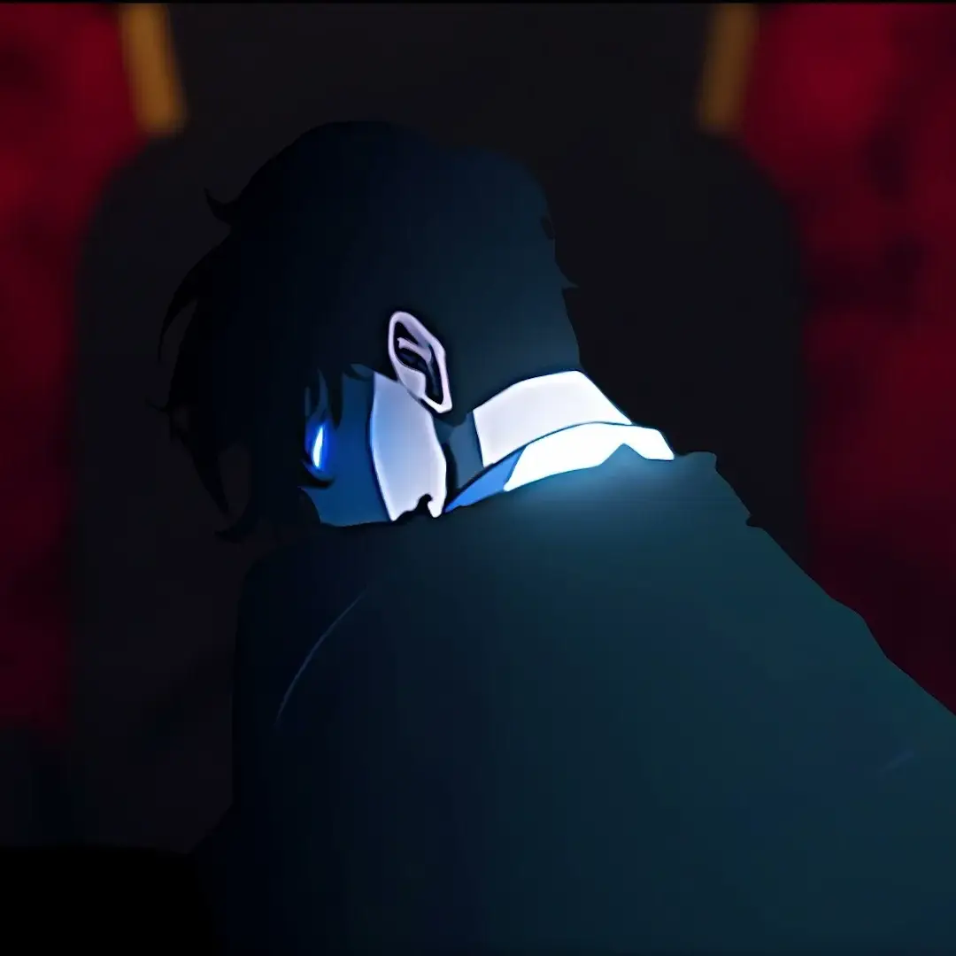 A dark, stylized figure with glowing blue eyes looks back over his shoulder, set against a blurred red background.