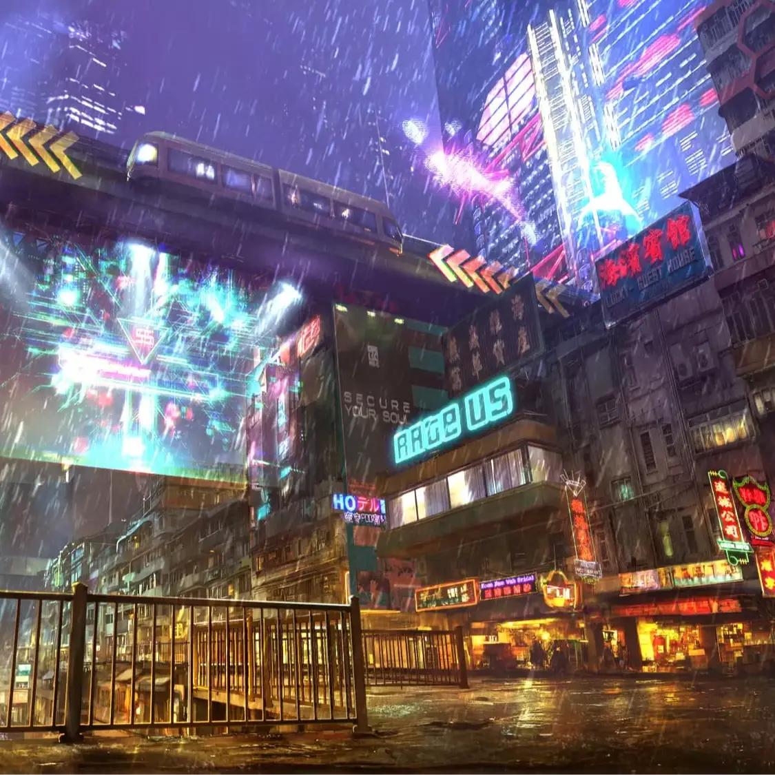 A vibrant neon-lit urban scene in rain, showcasing a bustling city with glowing signs, a train above, and a street below.